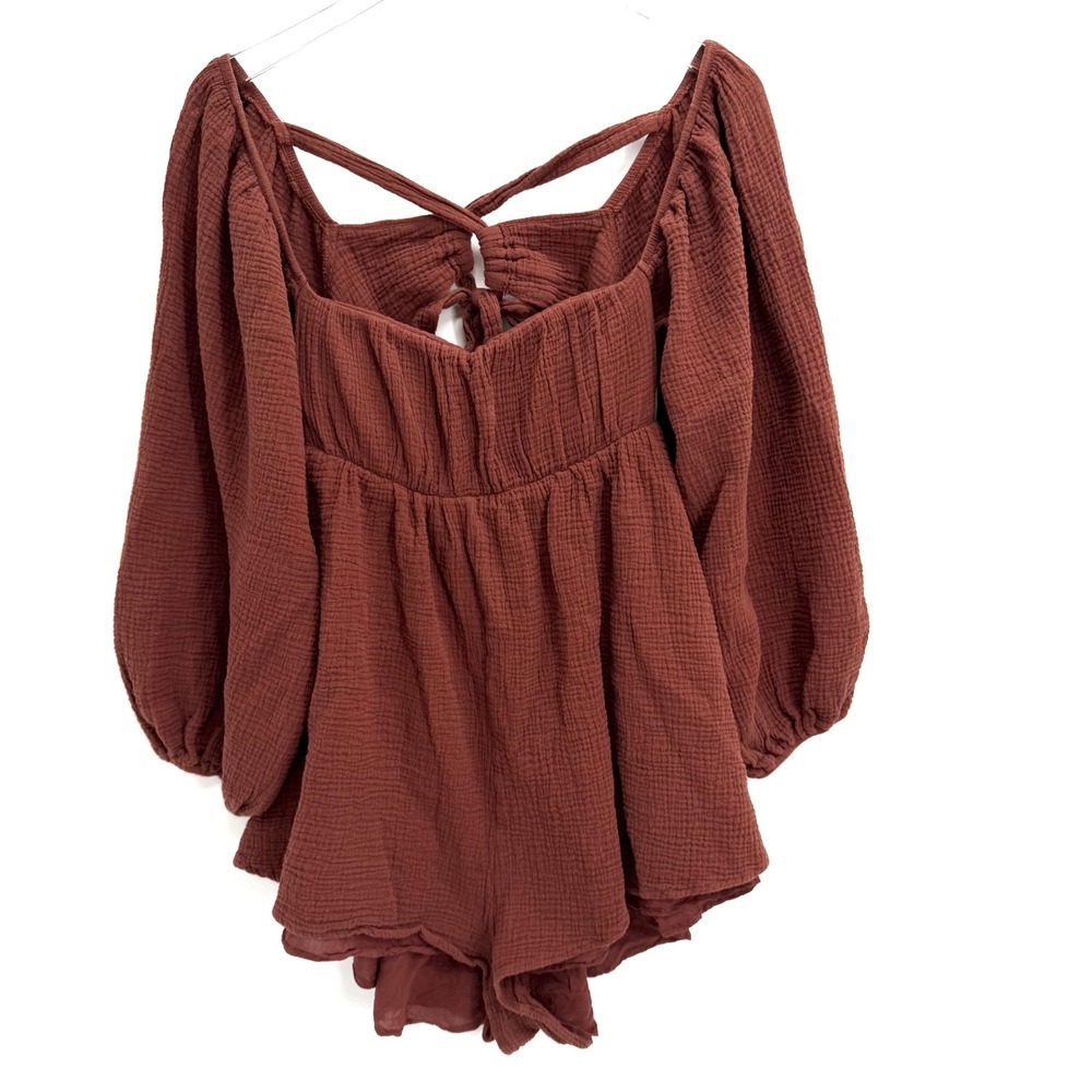 Princess Polly Brown Gauze Romper Size 10 Long Sleeve Open Back Cottage Boho